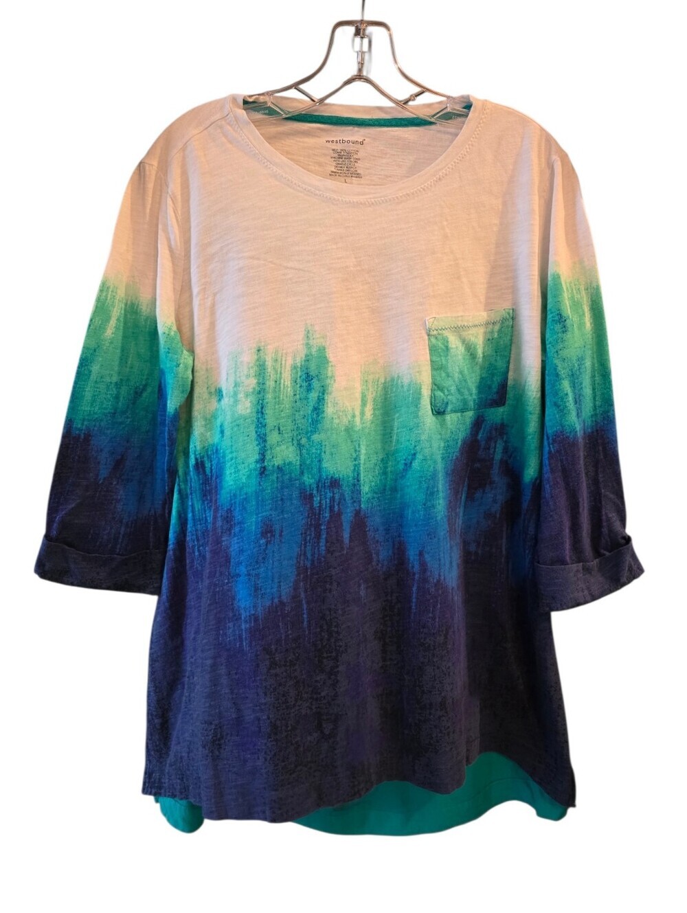 Westbound Women's Ombre Teal & Navy 3/4 Sleeve Pocket Tee Size Large